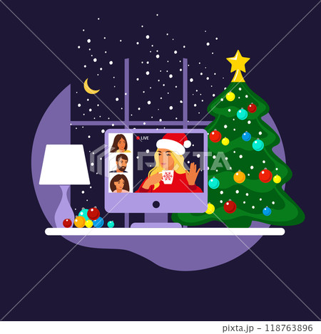 Happy friends celebrate Christmas and new year. Home online party. Girl in a Santa hat communicates with friends through a video call. Vector. Flat. 118763896