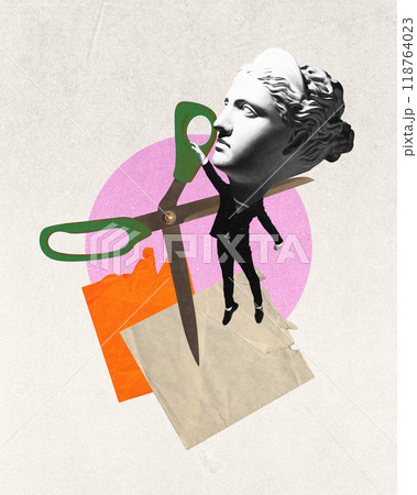 Contemporary art collage. Classical bust with scissors cutting through, symbolizing deconstruction of traditional ideas. 118764023