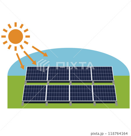 ソーラーパネルを使った太陽光発電システムのイラスト ソーラーパネルを使った太陽光発電システムのイラスト 118764164