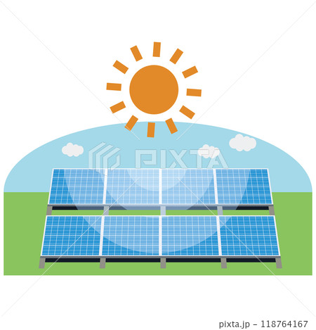 ソーラーパネルを使った太陽光発電システムのイラスト ソーラーパネルを使った太陽光発電システムのイラスト 118764167