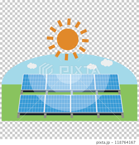 ソーラーパネルを使った太陽光発電システムのイラスト ソーラーパネルを使った太陽光発電システムのイラスト 118764167
