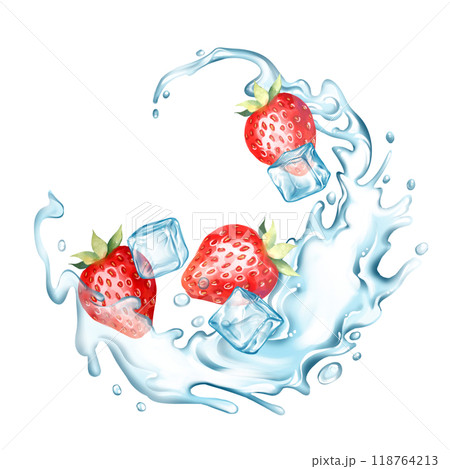 Strawberry with water splash and ice cubes. Illustration on white background 118764213