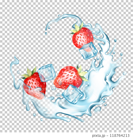 Strawberry with water splash and ice cubes. Illustration on white background 118764213