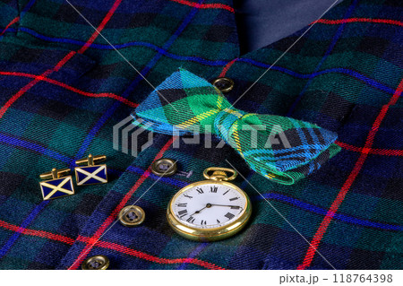 Scottish Tartan Waistcoat with Saltire Cuff Links and Tartan Bow Tie and Vintage Pocket Watch Scottish Tartan Waistcoat with Saltire Cuff Links and Tartan Bow Tie and Vintage Pocket Watch 118764398