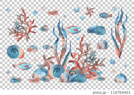 Underwater world clipart with sea animals fishes, shells, coral and algae. Hand drawn watercolor illustration. Set of elements isolated from the background 118764401