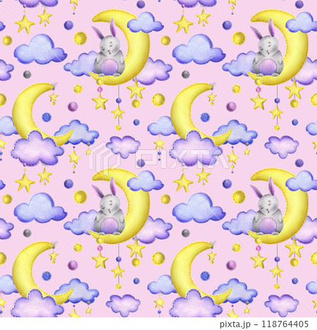 A cute gray bunny stitched sits and sleeps on a yellow moon with hanging stars, dots, clouds. Watercolor illustration, hand drawn. Seamless pattern on a pink background 118764405