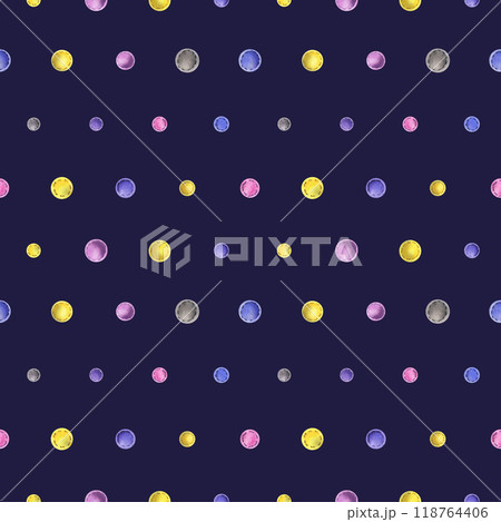 Beads sewn from felt fabric, different colors of yellow, blue, gray, pink with thread stitches. Watercolor illustration, hand drawn. Seamless pattern on a dark blue background. 118764406