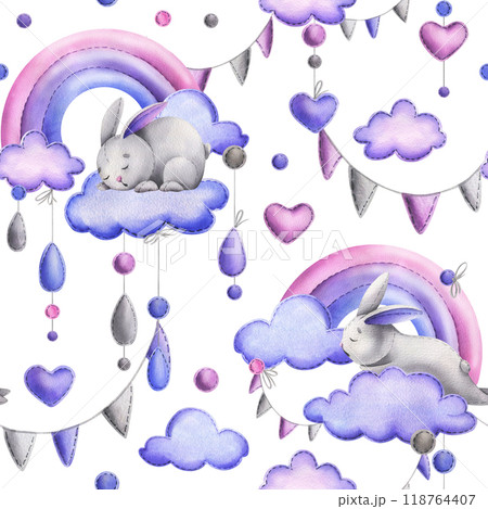 Cute bunny, sewn from fabric with thread stitches, sleeping on a rainbow with clouds and hanging raindrops. Watercolor illustration hand drawn. Seamless pattern on a white background. 118764407