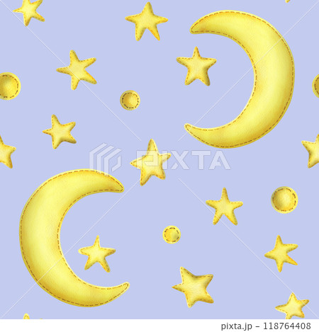 Yellow half moon with stars from fabric with thread stitches. Watercolor illustration, hand drawn. Seamless pattern on a lilac background 118764408