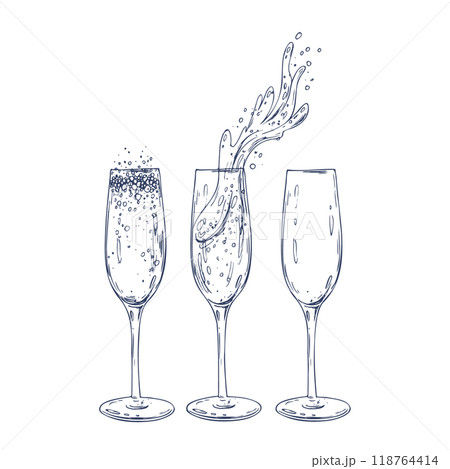 Glasses empty with champagne and with splashes. Graphic illustration hand drawn in black ink. Set of isolated objects EPS vector. Glasses empty with champagne and with splashes. Graphic illustration hand drawn in black ink. Set of isolated objects EPS vector. 118764414