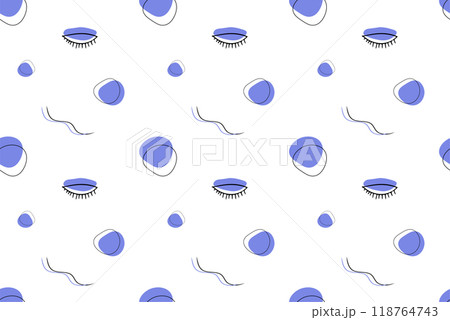 Abstract seamless pattern with eyes, blue circle shapes, and wavy lines, editable illustration on white background 118764743
