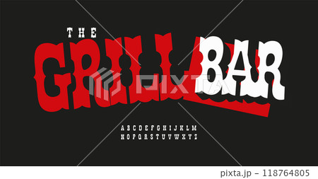 Vintage western font, rustic Texas alphabet, bold high cowboy letters for modern bar logo, BBQ cafe headline, tattoo salon, typographic saloon plaque. Vector typeset Vintage western font, rustic Texas alphabet, bold high cowboy letters for modern bar logo, BBQ cafe headline, tattoo salon, typographic saloon plaque. Vector typeset 118764805