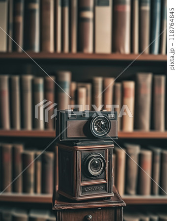 Vintage Camera and Bookshelf 118764845