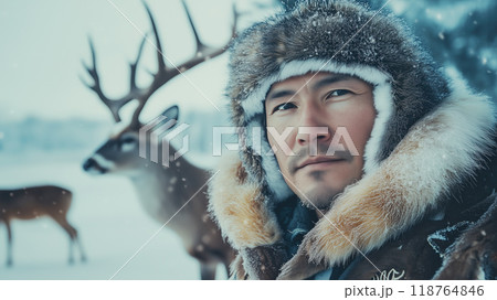 Inuit Man in Traditional Fur Clothing with a Reindeer 118764846