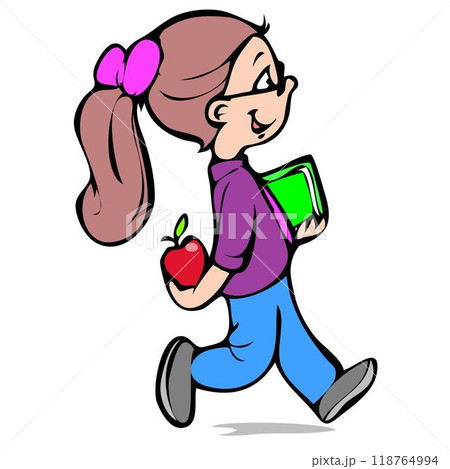 Cute primary schoolgirl carrying stack books with red apple 118764994