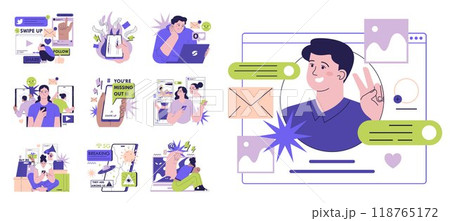 Negative aspects and bad impact of social media set. Psychological effects of social networks on people. Low self-esteem, loneliness and stress. Flat vector illustration 118765172