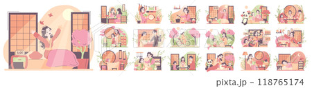 Daily routine of an asian woman set. Japanese housewife chores and lifestyle. Child care, cooking and cleaning. Everyday life schedule. Flat vector illustration 118765174