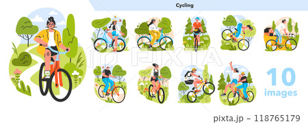 Healthy and active lifestyle set. Young characters enjoying being outside, riding a bike in the city park or countryside. Summer break activity, bicycle trip. Flat vector illustration 118765179