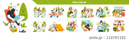 Slow traveling. Slow life principles and activity. Outdoor relaxation or traveling. Modern practice for body and mind wellness. Flat vector illustration 118765182