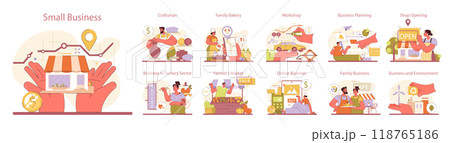 Small business set. Starting and developing a new start-up or local business. Independent enterpreneurship, business planning and mannaging. Flat Vector Illustration 118765186
