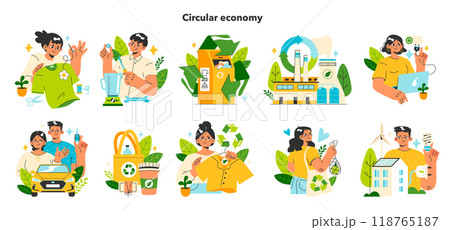 Zero waste and circular economy set. Upcycling or reuse of old stuff. Product life cycle. Business and social responsibility for impact on environment. Flat vector illustration 118765187