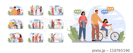 Joint parenting set. Divorced spouses raising a child together. Joint physical custody and close relationships with both parents after a family separation. Flat vector illustration Joint parenting set. Divorced spouses raising a child together. Joint physical custody and close relationships with both parents after a family separation. Flat vector illustration 118765190