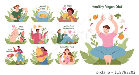 Healthy vegan diet set. Character cooking or eating fresh vegetables, fruits and meat substitutes. Balanced vegetarian and vegan food. Flat vector illustration 118765202