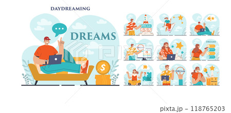 Daydreaming concept set. Young characters dreaming or daydreaming hoping about success and achievements. Fantasy and imagination, inspirational thinking idea. Flat vector illustration 118765203