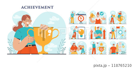 Achievement set. Reached milestone in business or education. Challenge, career success or winning award. Character holding a big gold trophy or prize. Flat vector illustration 118765210