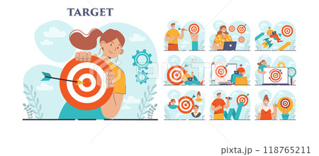 Target concept set. Ambitious characters aiming in target and shooting with arrow. Idea of success and motivation, determination or inspiration to improve. Flat vector illustration 118765211