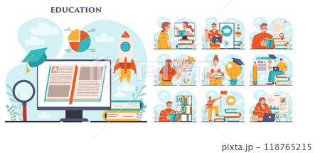 Education set. Idea of study and gaining academic knowledge. Increasing of professional competences. Learning new things for career qualification. Flat vector illustration 118765215