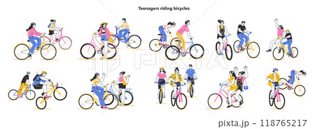 Healthy and active lifestyle. Young teenage characters hang out outside, riding a bikes together. Summer break activity, bicycle trip with friends. Flat vector illustration Healthy and active lifestyle. Young teenage characters hang out outside, riding a bikes together. Summer break activity, bicycle trip with friends. Flat vector illustration 118765217