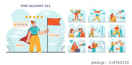 One against all set. One character standing out of the crowd, person against collective public opinion. Uniqueness, competition and leadership idea. Flat vector illustration One against all set. One character standing out of the crowd, person against collective public opinion. Uniqueness, competition and leadership idea. Flat vector illustration 118765219