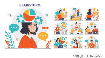 Brainstorm set. New idea generation in a teamwork discussion. Creative character coming up with innovative strategy or concept. Employees offering a solution. Flat vector illustration Brainstorm set. New idea generation in a teamwork discussion. Creative character coming up with innovative strategy or concept. Employees offering a solution. Flat vector illustration 118765226