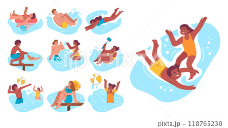 Swimming set. Diverse characters swimming in the sea. Summer holidays on the beach. People in a swimsuits having fun by the water. Flat vector illustration 118765230