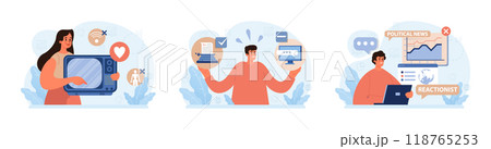 Reactionary or retrograde set. Neoconservatism movement. Traditional views and denying of progress, innovation and development. Status quo character is afraid of the changes. Flat vector illustration 118765253