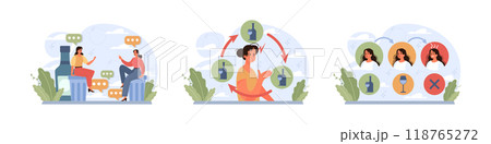 Female alcoholism set. Woman suffering from hard drinking, alcohol addiction. Drunk woman with a bottle of booze. Dangerous habit, unhealthy lifestyle awareness. Flat vector illustration 118765272