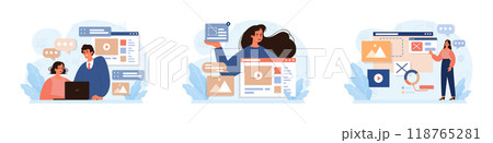 Marketing campaign set. Brand or product advertising with entertaining and engaging content. Character developing and following a content plan in social media and website. Flat vector illustration 118765281