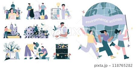 Environmental activism set. Community taking action of climate protection and nature conservation. Global sustainability campaign or movement. Society responsibility. Flat vector illustration 118765282