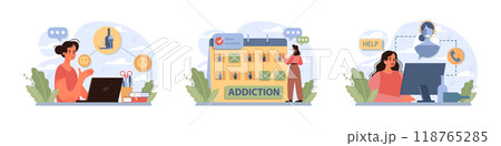 Female alcoholism set. Woman suffering from hard drinking, alcohol addiction. Drunk woman with a bottle of booze. Dangerous habit, unhealthy lifestyle awareness. Flat vector illustration 118765285