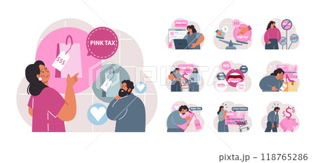 Pink tax concept set. Gender based price discrimination. Higher price for products marketed for women. Unequal accounting. Flat vector illustration 118765286