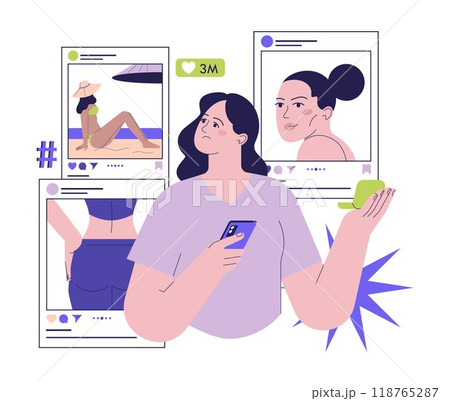 Bad impact of social media. Psychological effect of social networks. Low self-esteem and dissatisfaction of life. Woman looking at the pictures of influencers and models. Flat vector illustration 118765287