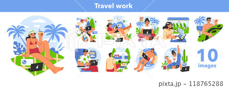 Digital nomad set. Freelancer working remotely on the laptop globaly from vacation. Flexible schedule, outsource technology and work tourism. Flat vector illustration 118765288
