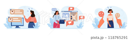 Condemnation set. Public censure or judgement. Upset victim being bullyed and shamed by others. Flat vector illustration 118765291