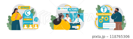 CATWOE technique set. Modern approach to understanding the various perspectives of a business challenge. Mnemonic checklist for problem identification and solving. Flat vector illustration CATWOE technique set. Modern approach to understanding the various perspectives of a business challenge. Mnemonic checklist for problem identification and solving. Flat vector illustration 118765306