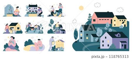Eco-friendly resort set. Summer holidays on the farm. Rural landscape, characters farming and resting in nature. Eco agriculture and tourism. Sustainable community living. Flat vector illustration 118765313