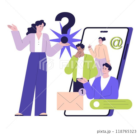 Positive aspect of social networks. Character asking a question in the internet. Community help for problem solving. Forum communication. Flat vector illustration Positive aspect of social networks. Character asking a question in the internet. Community help for problem solving. Forum communication. Flat vector illustration 118765323