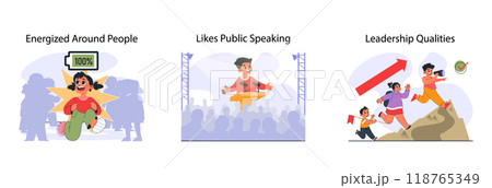 Child with extroverted individuality set. Joyful little kid enjoying communication with others. Active and expressive temperament' qualities and signs. Flat vector illustration 118765349