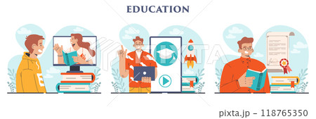 Education set. Idea of study and gaining academic knowledge. Increasing of professional competences. Learning new things for career qualification. Flat vector illustration 118765350