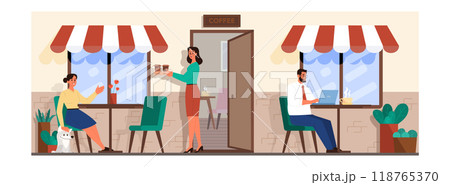 Coffee shop outdoors exterior. Cafe with people sitting at tables, drinking coffee and working at the laptop. Barista serving coffee. Flat vector illustration 118765370